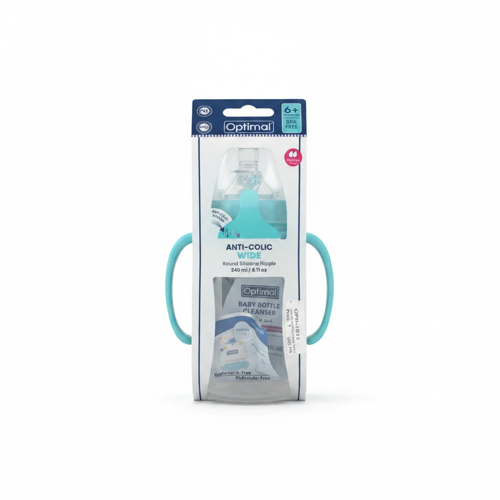 Optimal Anti-Colic Wide Round Silicone Nipple Bottle With Handle 6M+